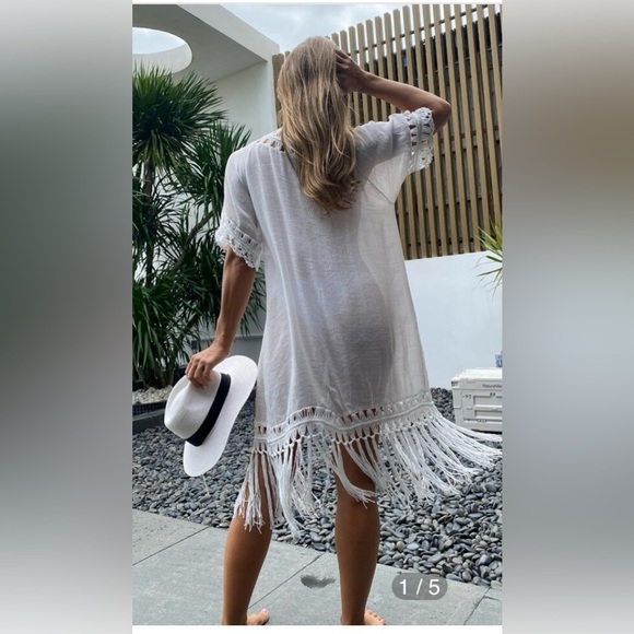 SHEIN Fringe gauze crochet semi sheer belt tie kimono short sleeve NEW size OS - Picture 2 of 8